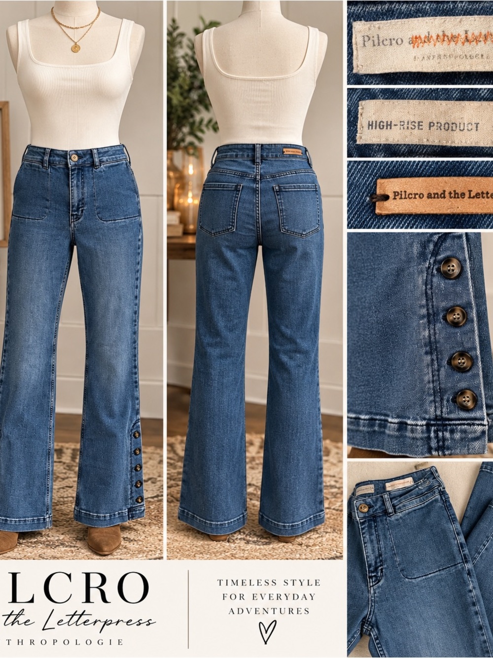 Pilcro & The Letterpress Anthropologie High Rise Bootcut Button Hem Jeans 28